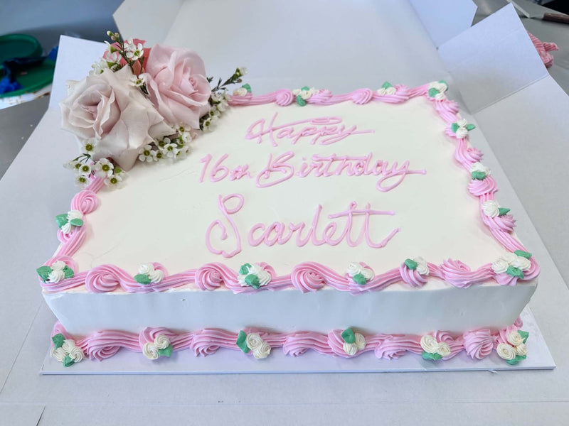 Sweet 16 slab cake with fresh roses