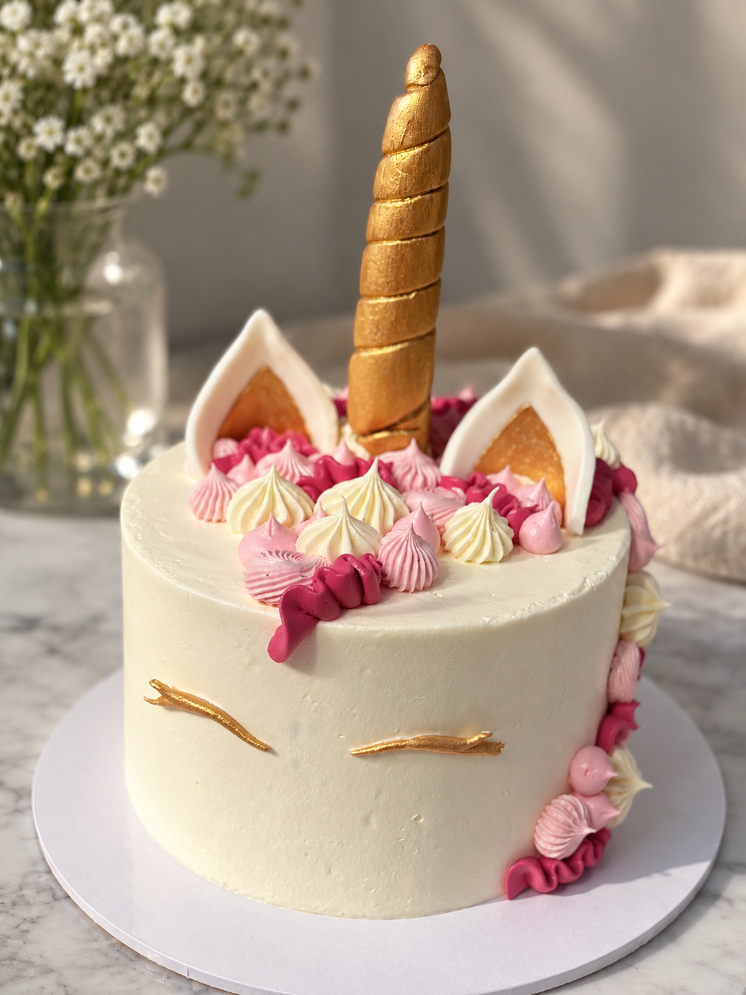 White unicorn birthday cake with gold horn, ears and pink buttercream swirls, made by Milano Cakes in Wollongong
